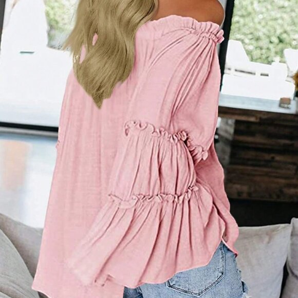 Baby Pink Casual Women's Off Shoulder Blouse Long Bell Sleeve Flared Loose Tops - Picture 2 of 3